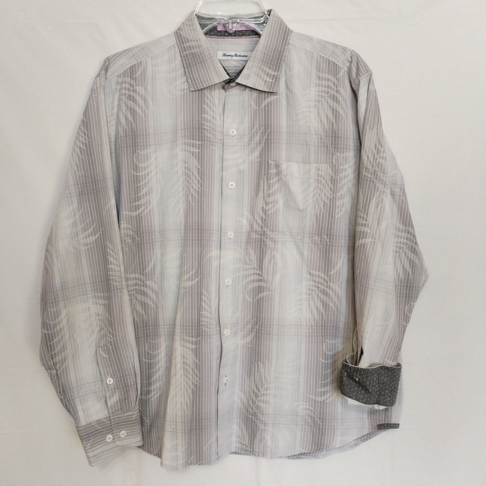 Tommy Bahama Shirt Mens Large Striped Cotton Silk Gray Long Sleeve Flip Cuffs